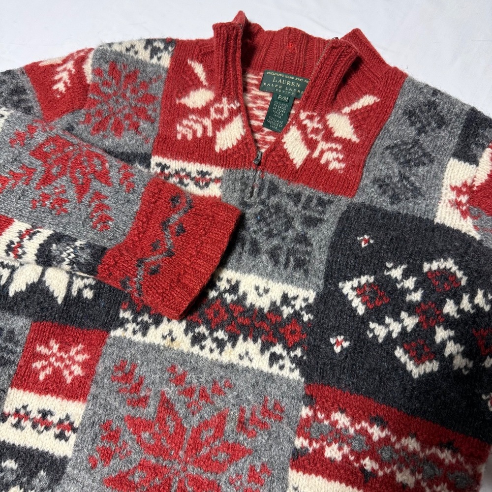 Vintage Lauren Ralph Lauren Handknit Wool 1/4 Zip Nordic Snowflake Sweater P/Med